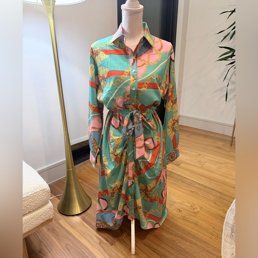 Sunday Up Elegant Multicolor Chain Print Shirt Dress Size L